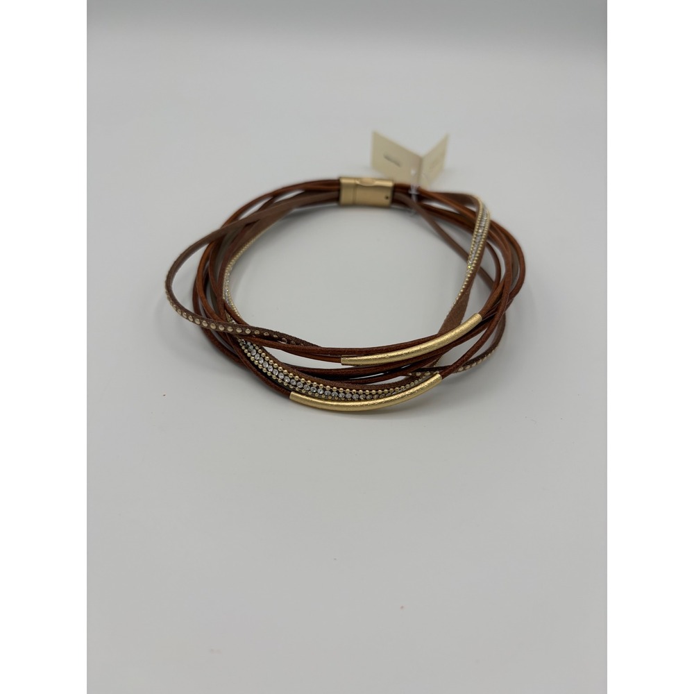 Saachi Brown Leather Multi Strand Wrap Choker Gold Tone Crystal Magnetic Clasp